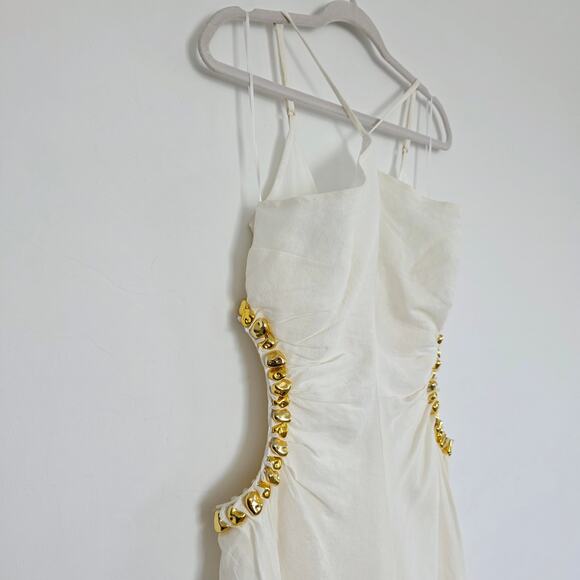 Cult Gaia Off White & Gold Maxi Halter Dress Embellished Side Cutouts Size 10 - Picture 11 of 14